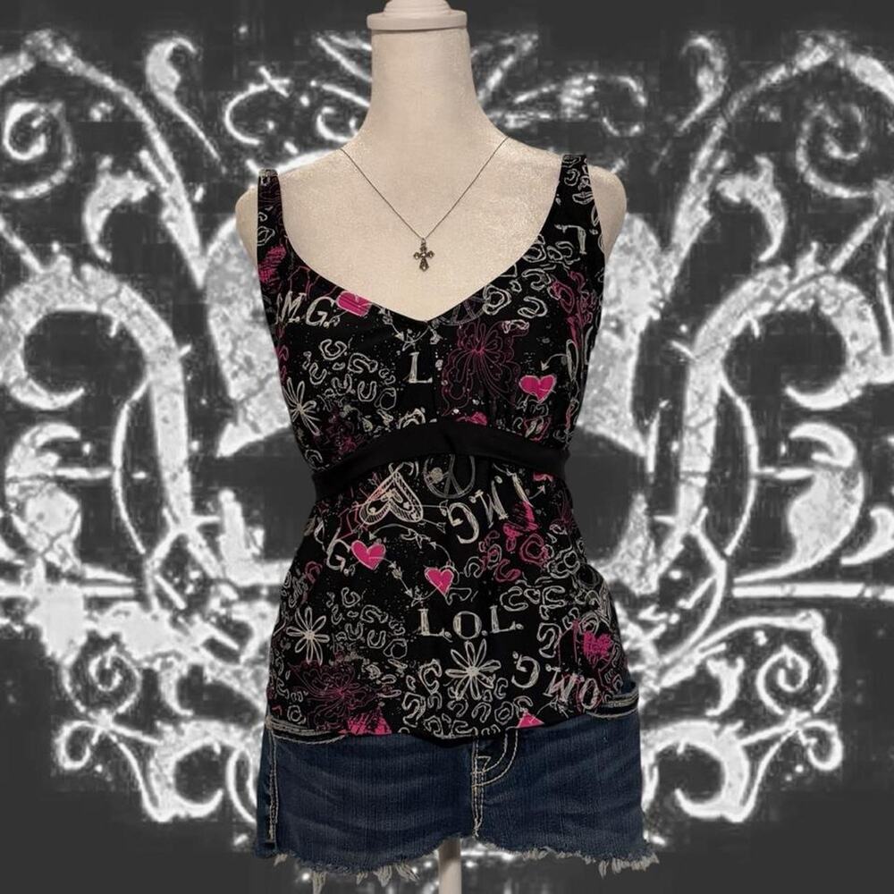 hearts flower stars playful sketch tumblr y2k black cami top